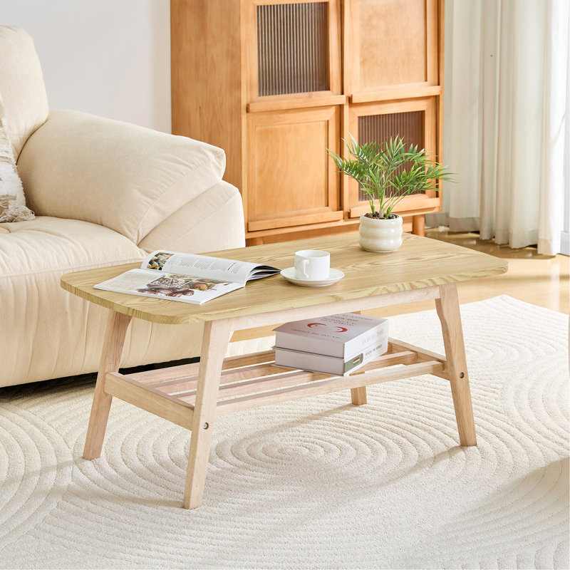 Table basse en bois massif - Table basse centrale en bois à 2 niveaux avec tablette de rangement pour salon, appartement et bureau