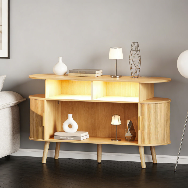 Larger Record Player Stand With Power Outlets And 3-Color Lights, Vinyl Record Stand With 2 Fluted Cabinets And USB-C Port