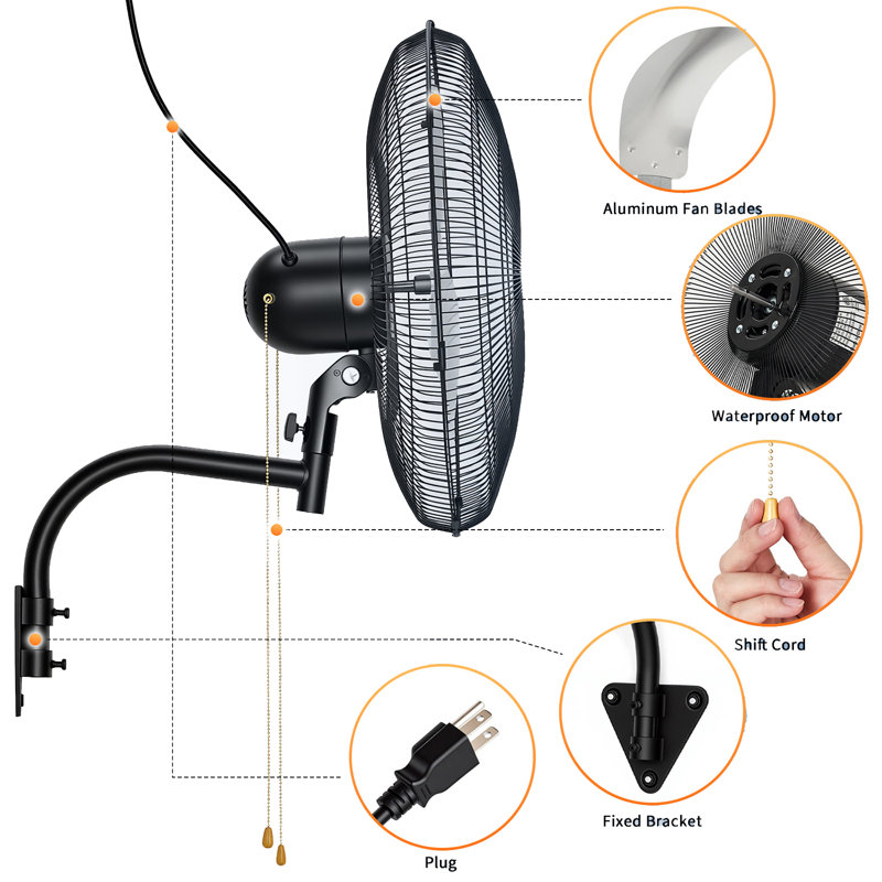 Ventilateur mural industriel 18 ", ventilateur oscillant robuste en métal 3 500 CFM avec 3 vitesses et inclinaison de 30 ° pour le garage, l'atelier et le patio