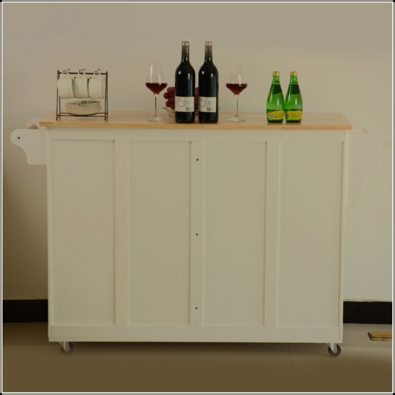 Kitchen Island & Kitchen Cart, Mobile Kitchen Island, Rubber Wood Top, Big & Adjustable Shelf Inside Cabinet For Different Utensils, Luxury Design Fits Party At Different Site.