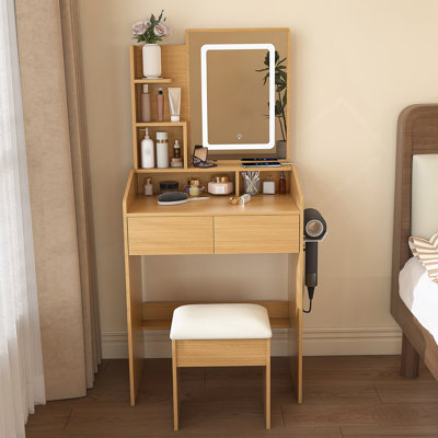 Compact Vanity Table With LED-Illuminated Mirror, Power Outlet, Hairdryer Holder And Stool, Ideal For Small Bedrooms And Cosmetic Organization