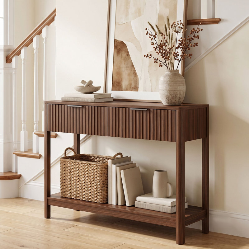 Mid-Century Fluted Console Table, 2 Drawers & Open Shelf, Walnut Sofa & Entryway Table