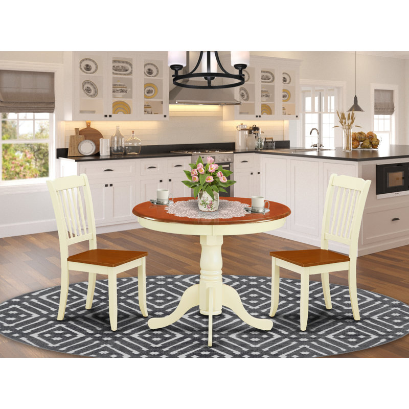 3 Piece Modern Dining Table Set Contains a Round Wooden Table with Pedestal and 2 Dining Chairs, Buttermilk & Cherry, Wooden
