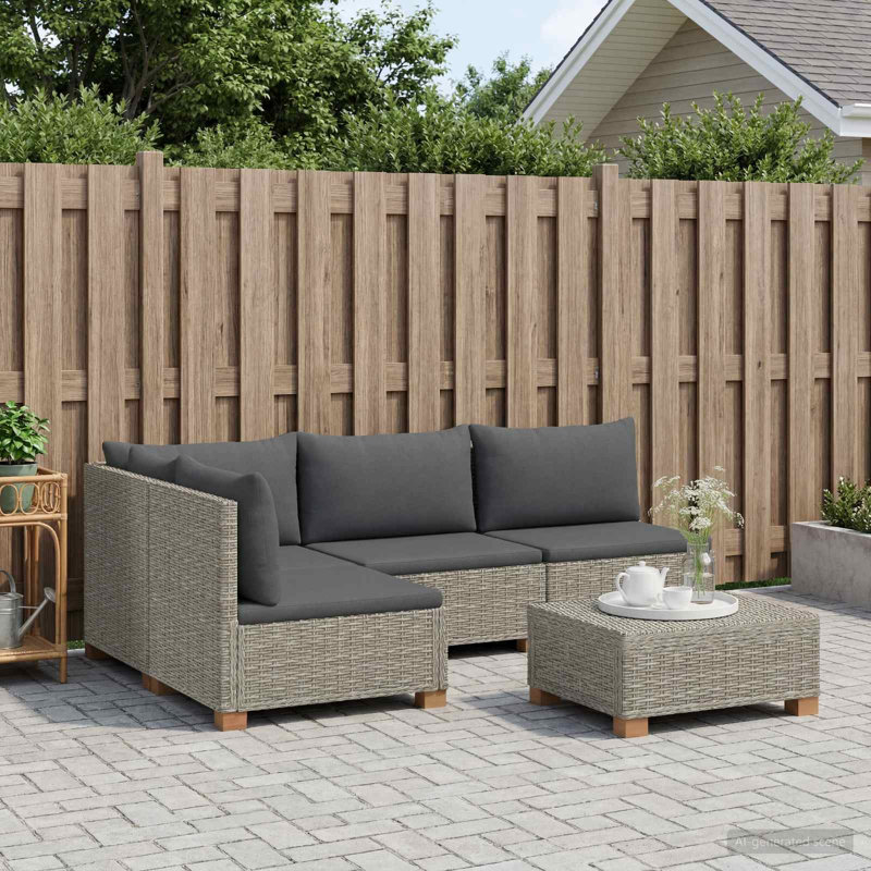  Rattan Lounge Set with Cushions GENDT 5 Piece Natural Rattan Patio Foam, Grey Cushion/Kubu Grey Frame