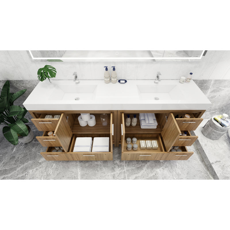 Marche 83.4'' Double Bathroom Vanity with Acrylic Top, Chrome, Natural Oak