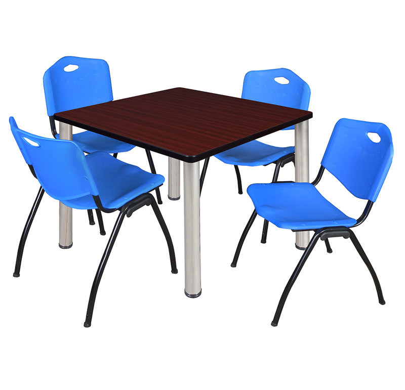 Plateau de table Kee Square, 4 chaises empilables, H 30 po x l 29 po x P 29 po, Chrome, Acajou