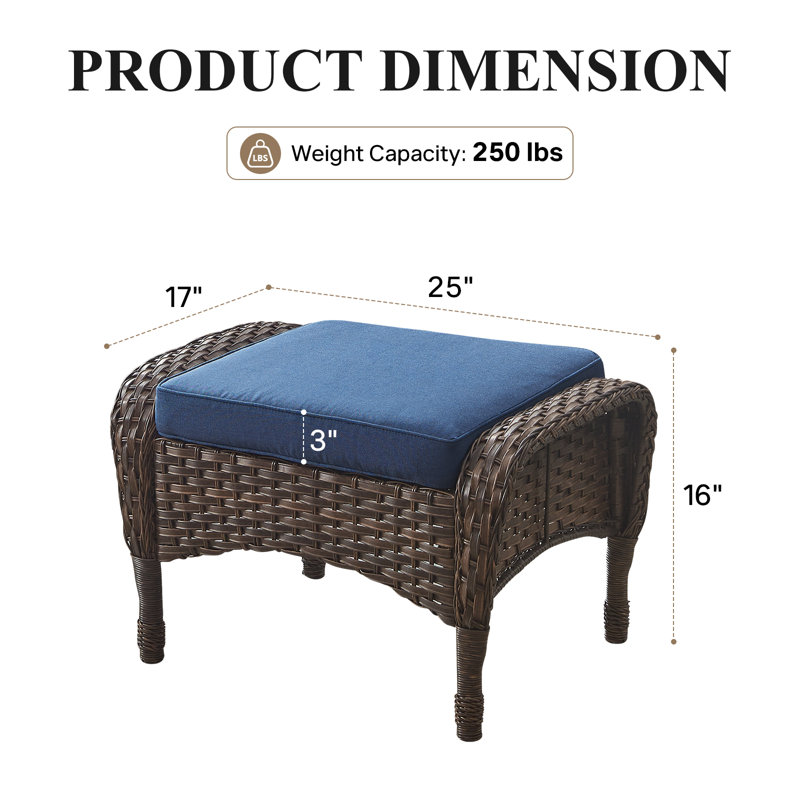 Repose-pieds d'extérieur en osier avec coussin Gaetanino, Brun, Bleu
