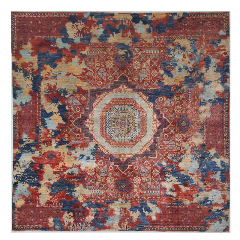 High-Quality Hand-Knotted Red And Navy Area Rug