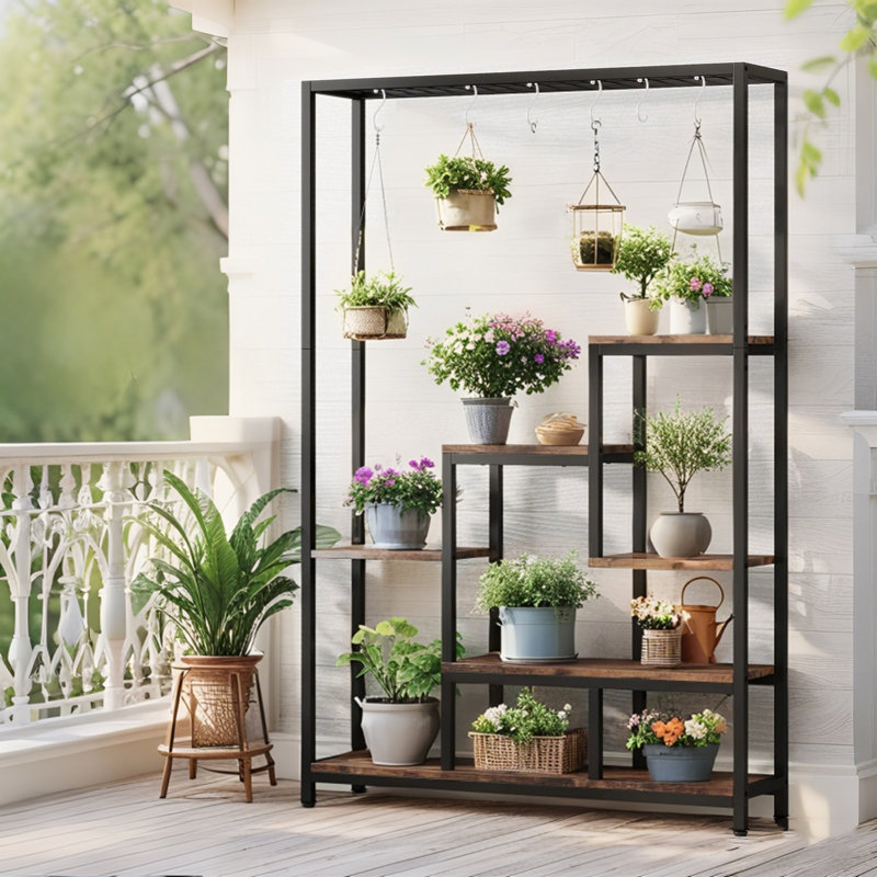 Support à plante 70,9 ", grande tablette à fleurs multi-usages avec 6 crochets de suspension, Blanc