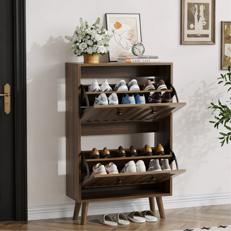 Medieval-Style Modern Shoe Cabinet, Upright Shoe Storage Unit With Vertical Grooved Finish, 23.6-Inch Walnut-Colored Shoe Cabinet, Suitable For Hallways, Passageways And Entrances.