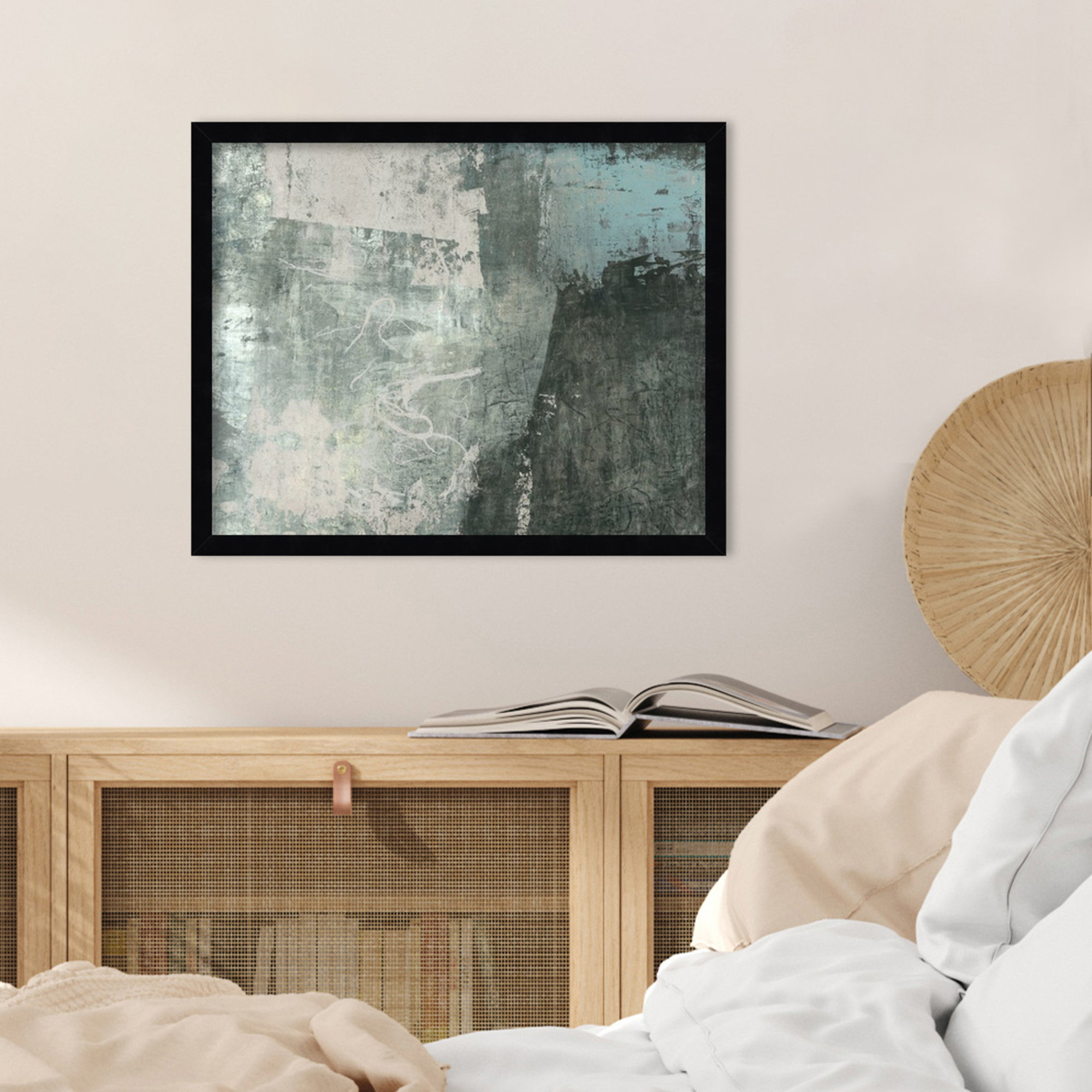 Black and Grey and Blue I by Fresno Wood Framed Wall Art Print, Black, 17" H x 21" W