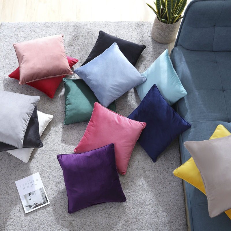 Aqua Velvet Square Throw Pillow with Piped Edges