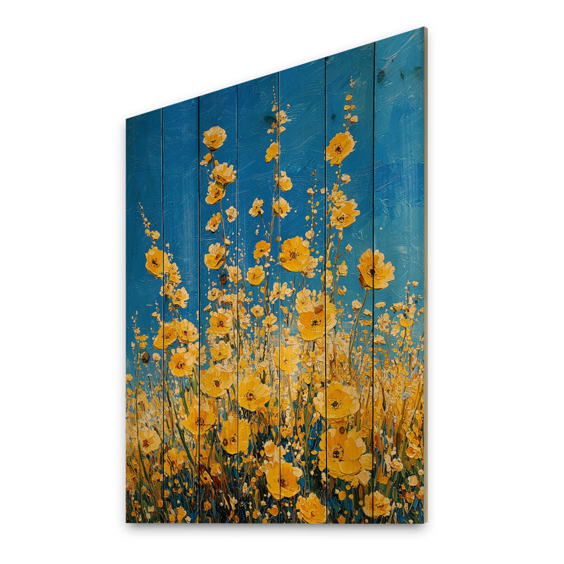 Joyeuses lumières jaunes jaune Wildflowers III - décoration murale en bois de fleurs sauvages - sur bois de pin naturel