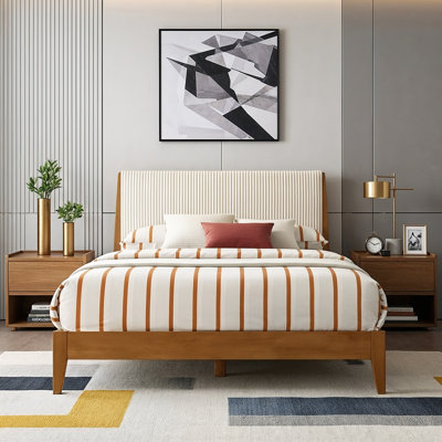 Lunaris Mid-Century Solid Wood Queen Platform Bed With Upholstered Headboard