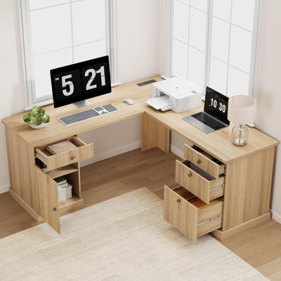 Bureau de coin cannelé de 152 cm (60 po) avec tiroirs de rangement et classeur - Couleur bois naturel