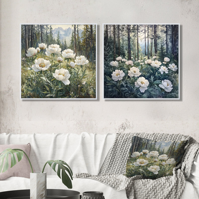 Pivoines dans la forêt alpine I - décoration murale pivoines - art mural traditionnel 2 pièces, 16" H x 33" W, Cadre flottant