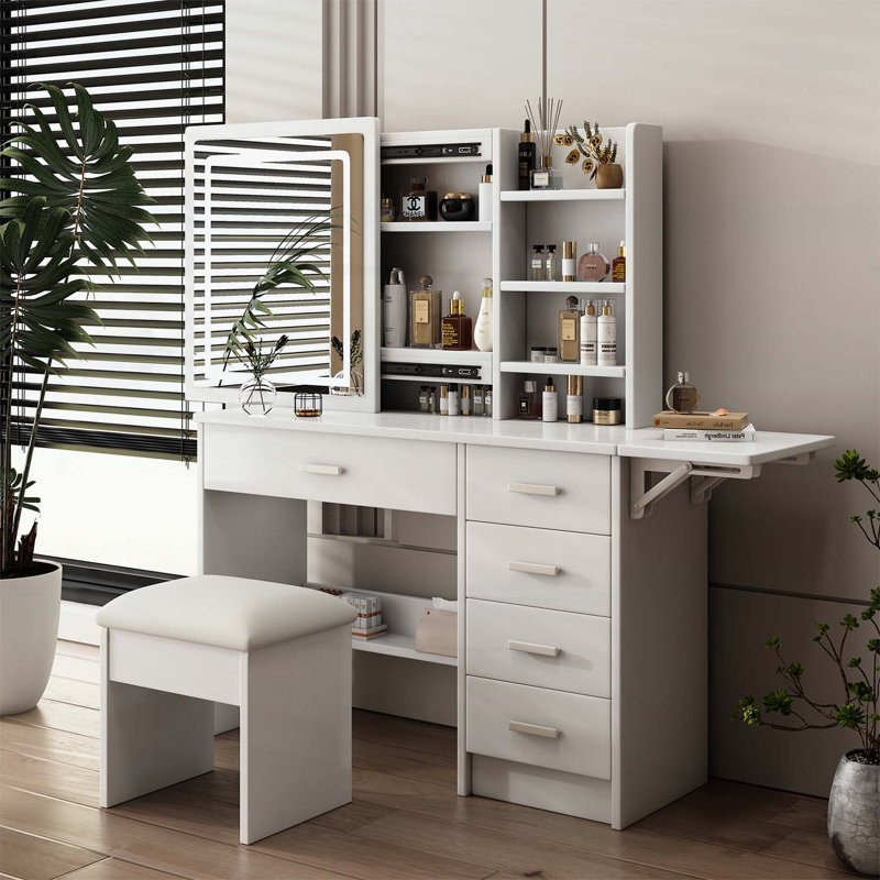 Élégant meuble-lavabo avec miroir à DEL réglable, rangement spacieux et fauteuil assorti pour une expérience de maquillage élégante