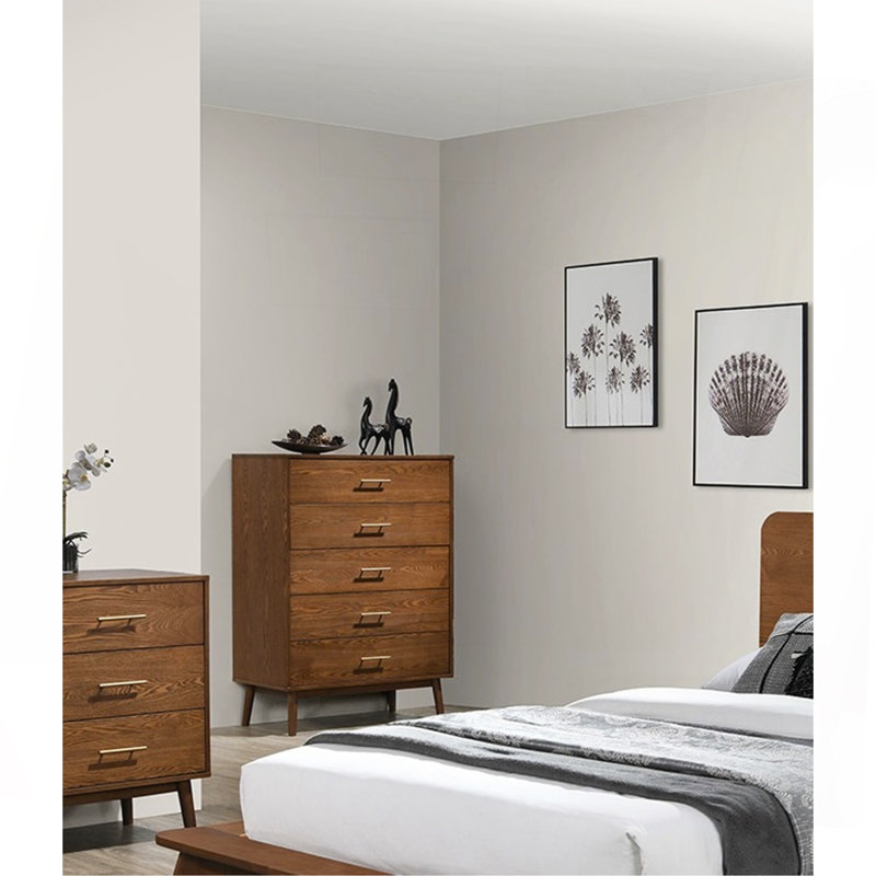 Noyer 1Pc Commode à tiroirs en bois massif avec 5 tiroirs ronds et pieds fuselés style moderne