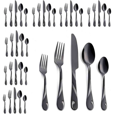 Ensemble de couverts noirs pour 8, couverts en acier inoxydable 40 pièces, ensemble de couverts en métal noir brillant, fourchette, couteau et cuillère inclus, va au lave-vaisselle