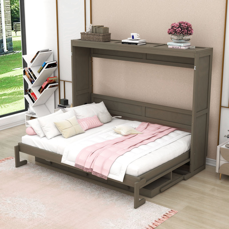 Lit escamotable en bois avec coiffeuse intégrée et 2 tiroirs, Gris patiné