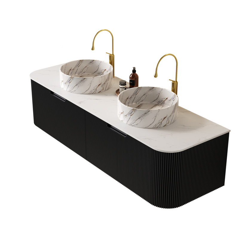 Meuble-lavabo mural noir, lavabos en céramique, rangement peu encombrant, élégance de salle de bain moderne