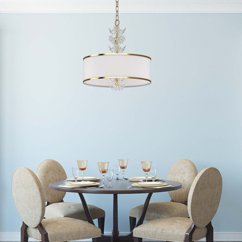 Lustre tambour 4 lumières en or antique avec abat-jour en tissu blanc et décorations en acrylique