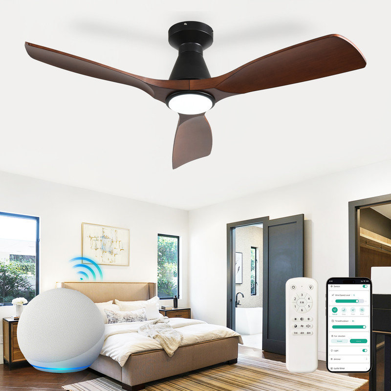 42 Inch Walnut Smart Flush Mount Ceiling Fan with Lights and Remote, 3 Blade Dimmable Indoor Outdoor Fan Work with Alexa Remote APP Ultra Quiet DC Motor Timer 6 Speeds