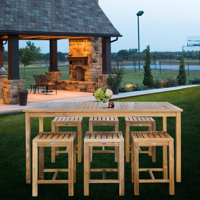 Ensemble bistro 7 pièces à hauteur de comptoir en bois de teck avec table rectangulaire de 71 po et 6 tabourets Antigua