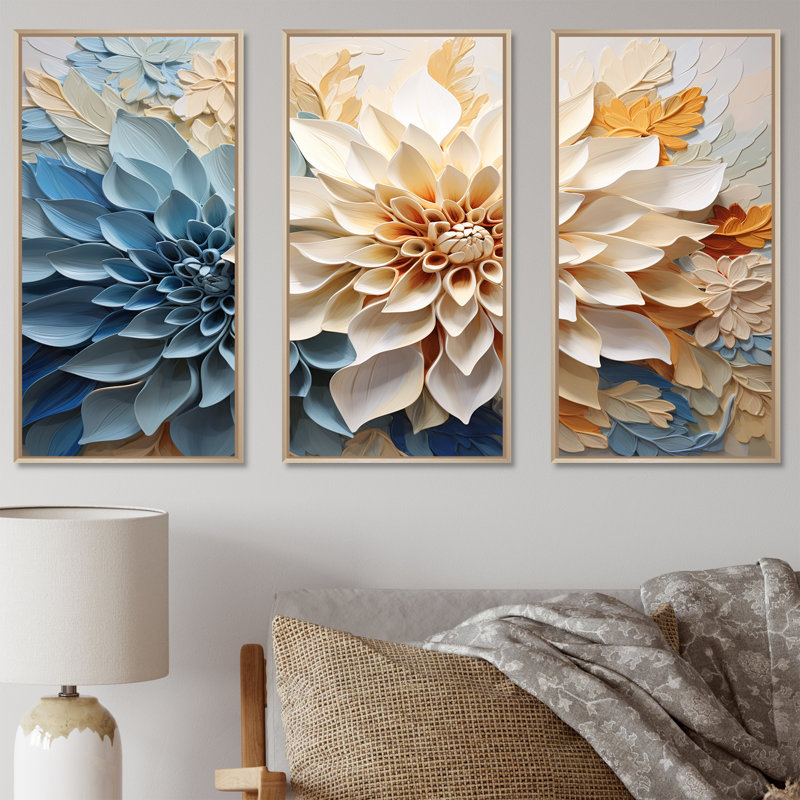 Simple, beige et bleu Dahlia V - ensemble d'art sur toile Dahlia, Cadre naturel flottant, H 28 po x l 36 po x P 1 po