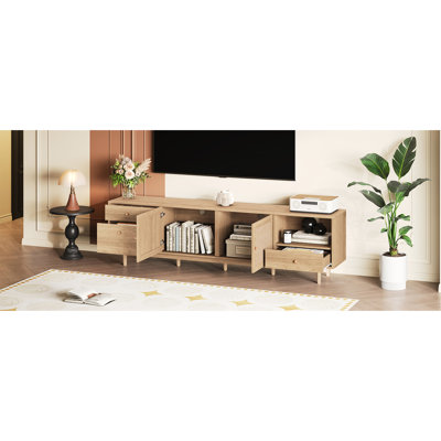 Meuble télé moderne en bois pour téléviseurs de 85 pouces, de vraies portes et un espace de rangement réfléchi avec des espaces polyvalents et polyvalents