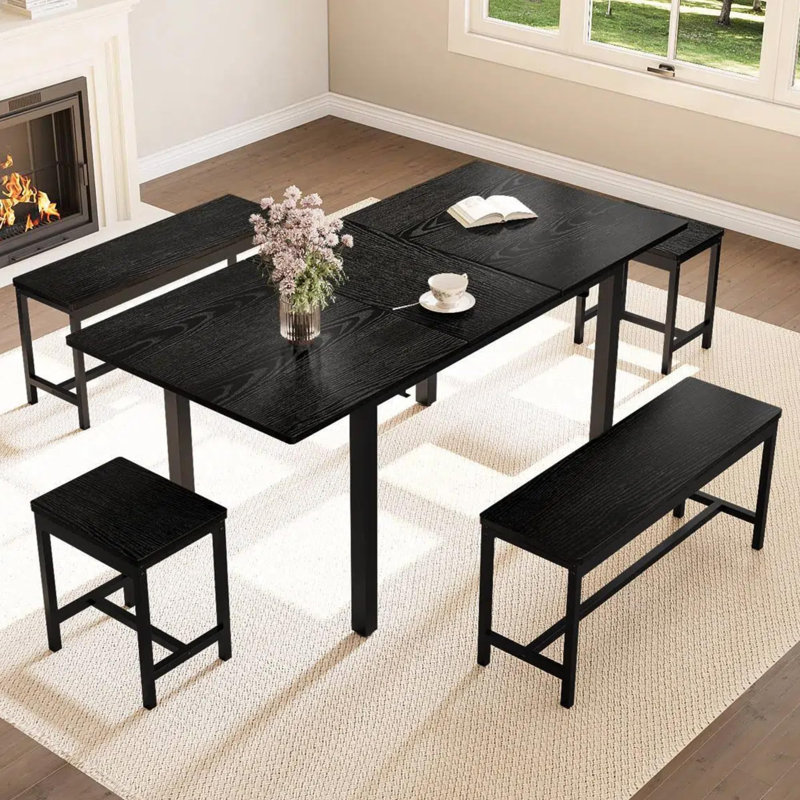 Ensemble de table de salle à manger extensible de 63 pouces pour 8 personnes avec 2 bancs et 2 tabourets carrés, table de salle à manger moderne noire