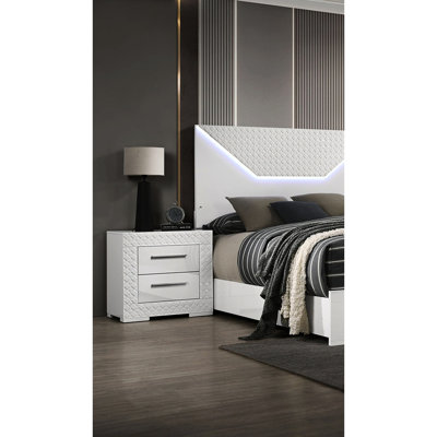 Table de chevet blanche moderne à 2 tiroirs ultrabrillante avec poignée de bar, fabrication en métal et pieds en bois
