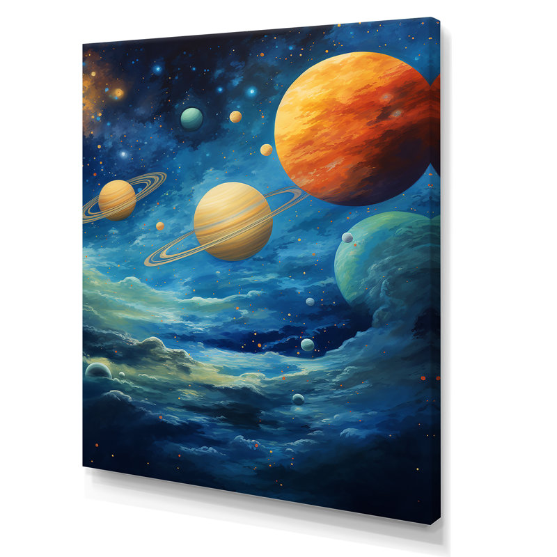 Bleu et orange, planète Odyssey III - espace, art mural, Toile tendue, H 32 po x l 24 po x P 1 po