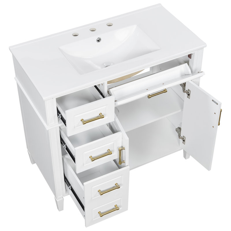 Meuble-lavabo simple 36 po avec 4 tiroirs (1 tiroir rabattable), 36 po, blanc, White