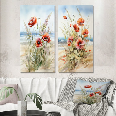 Coquelicots rouges sur la plage - ensemble de 2 impressions sur toile coquelicots