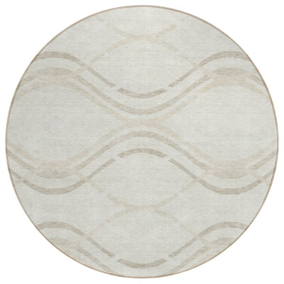 8' Ivory Beige And Taupe Round Abstract Washable Indoor Outdoor Area Rug