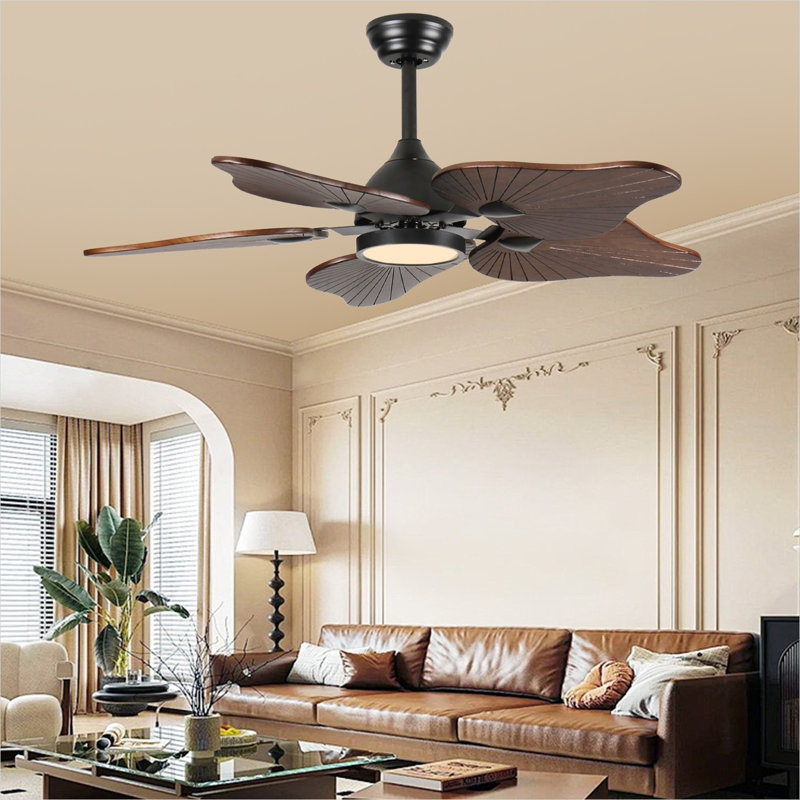 Ventilateur de plafond en bois d'acacia de 44 pouces avec DEL à spectre complet à intensité variable et télécommande pour les grands espaces de vie, style rustique moderne