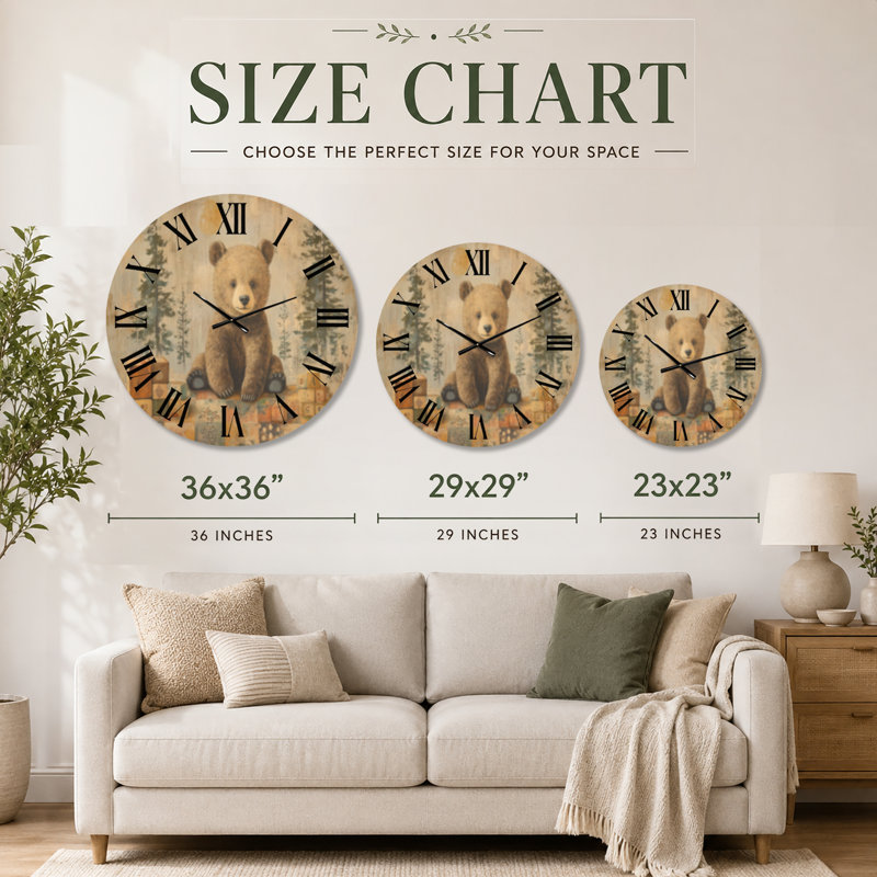 Tapis d'histoire de l'alphabet - Horloge murale ronde pour chambre d'enfant, motif en bois, Medium