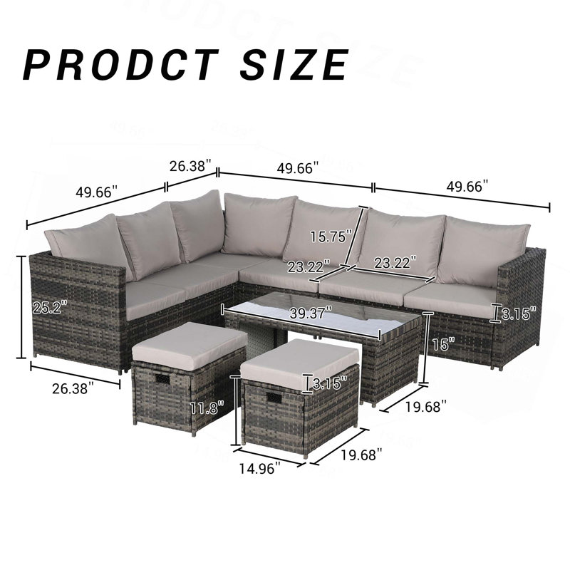 All Weather Outdoor Sofa Conversation Set with Glass Table and Cushions, Light Grey