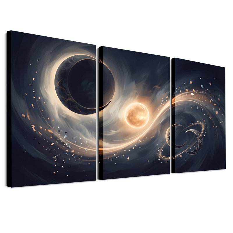 Art mural sur toile, "Ringed planète et éclipse en bleu tourbillonnant", H 24 po x l 16 po x 3 pièces