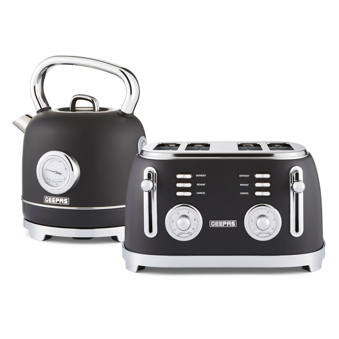 GEEPAS Retrovive 1.8L Electric Kettle & 4 Slice Bread Toaster Kitchen Combo Set | 3000W Vintage Cordless Stainless Steel Kettle Auto Shut-Off, Tempera