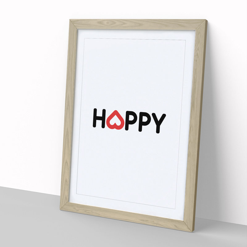 Happy - Picture Frame Typography, Oak Framed, 65cm H x 48cm W x 2cm D