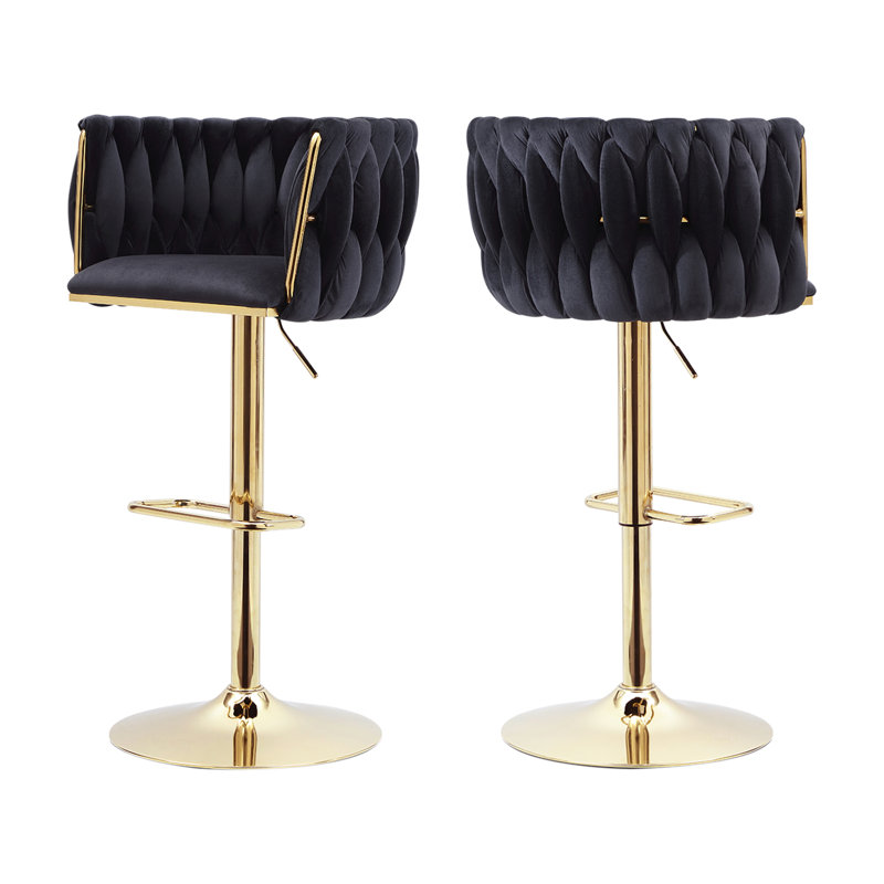 Luxury Velvet Bar Stools with Gold Metal Base, Adjustable Height Swivel Bar Chairs with Armrests for Kitchen Island, Bar, Modern Home Decor(Black)（Set of 2）