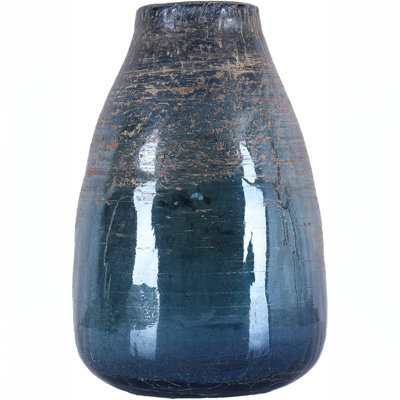Blue Glass Cylinder Vase with Gold Detailing