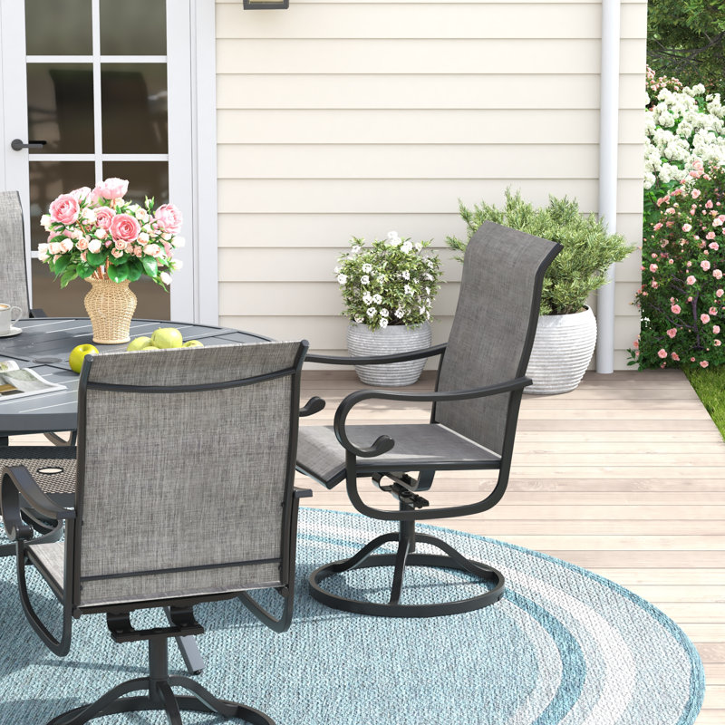 Aldreda 4-Person Round Patio Dining Set With Swivel Textilene Chairs, Gray/Gray/Gray