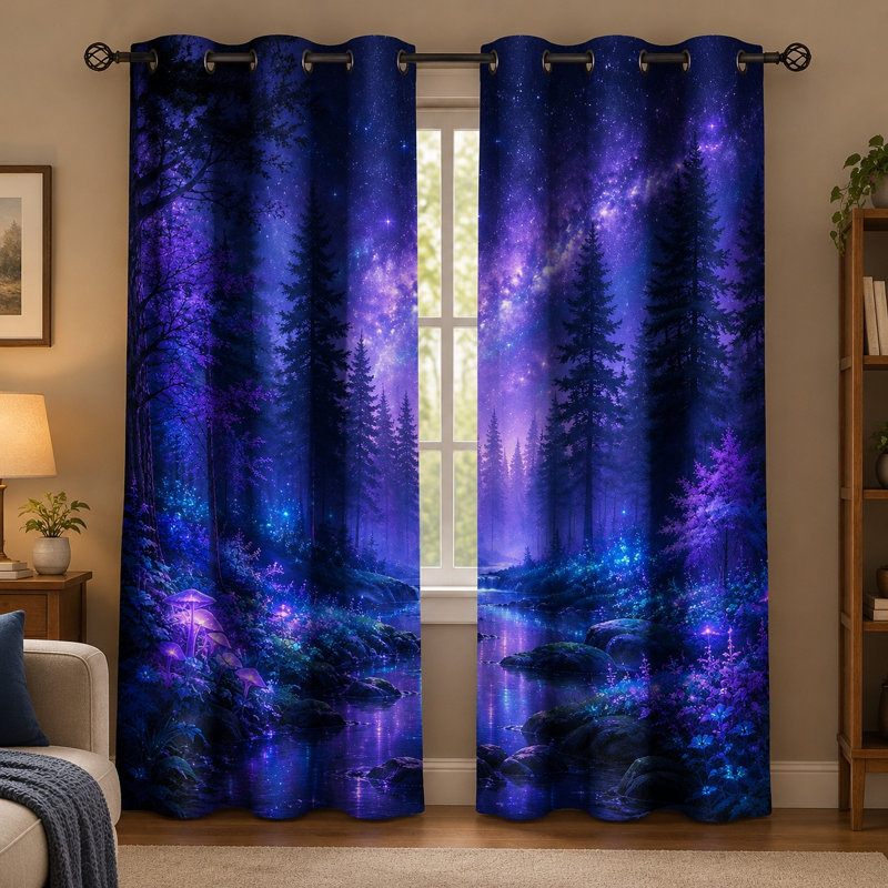Ensemble de 2 rideaux occultants à œillets imprimés « Forêt enchantée avec ciel étoilé », décor féerique et magique, réduction du bruit et protection de l'intimité, pour chambre, salon, cuisine et décoration intérieure.