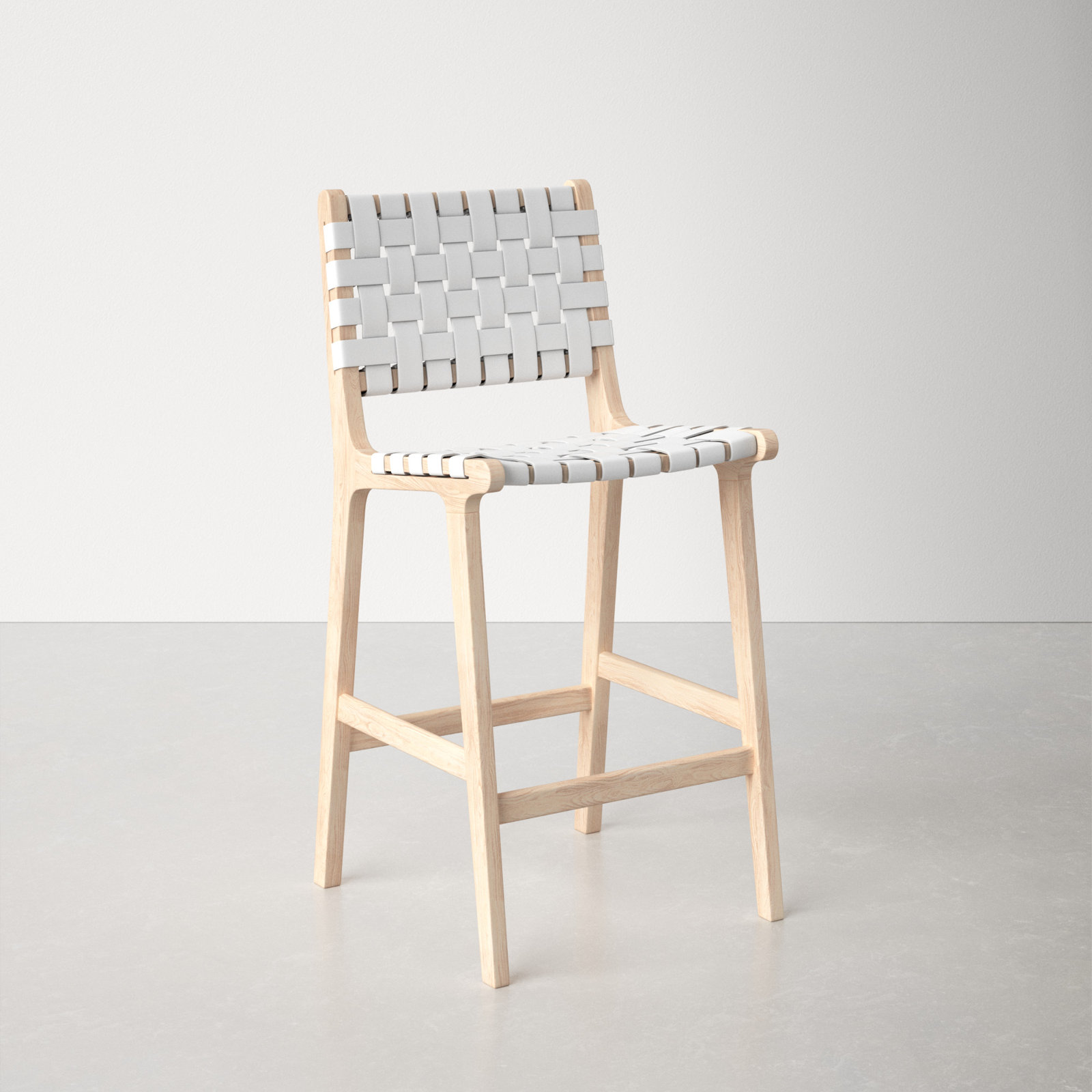 Alston Leather Stool, White Leather/Natural Unfinished Frame, Bar Stool (29.70" Seat Height)