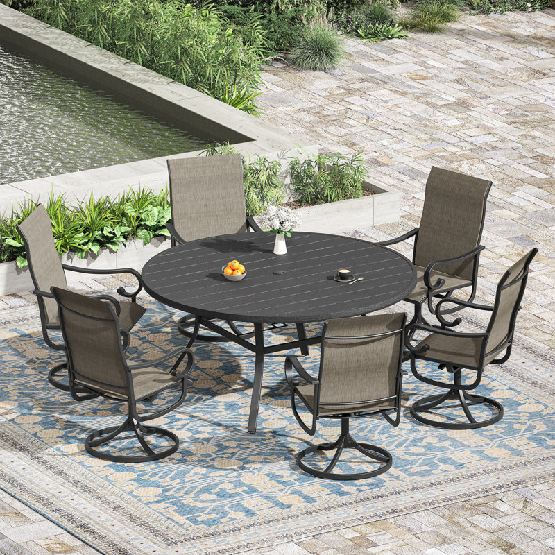 Ensemble repas extérieur pour 6 personnes avec chaise pivotante, Brun / Noir