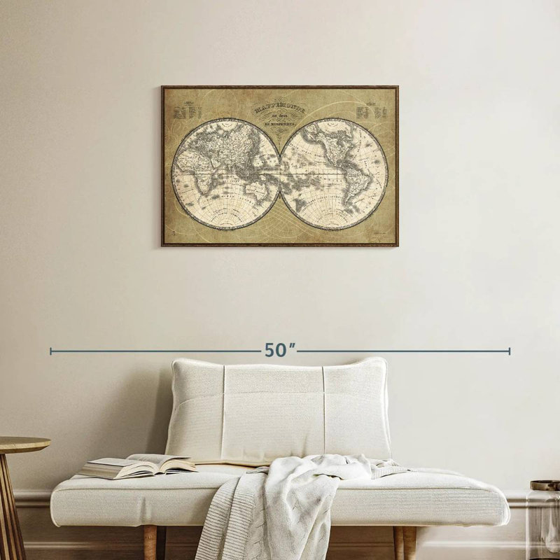 French World Map I, 46" X 31", Floating Frame Walnut