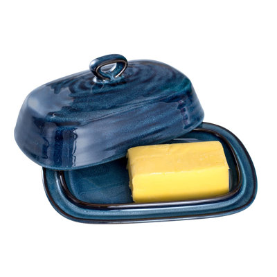 Porcelain Butter Dish With Lid, Covered Butter Container With Handle Design For Countertop, Blue